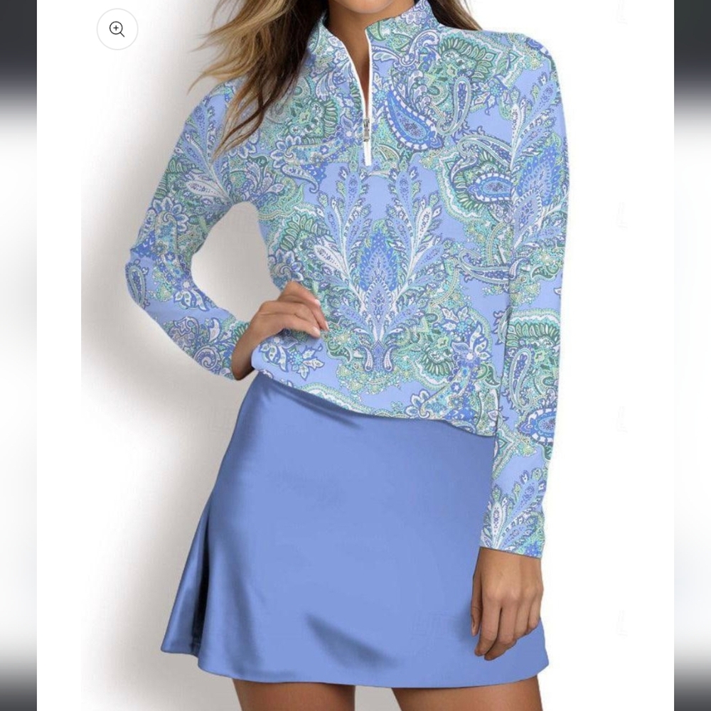 ACEGOLFS Pretty Feminine Pullover UPF50+ Blue Paisley Long Sleeve NIP Size XL